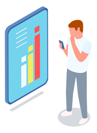 Man analyses digital report with data on mobile  Illustration