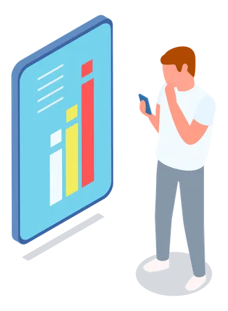 Man analyses digital report with data on mobile  Illustration