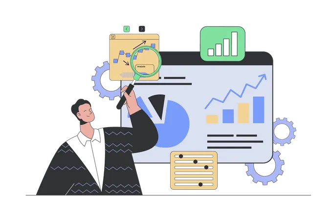 Research Analysis Concept In Modern Flat Design For Web Man With Magnifier Monitoring Chart And Graph Analyzing Data And Accounting Vector Illustration For Social Media Banner Marketing Material Illustration