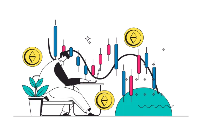 Crypto Market Outline Web Concept In Modern Flat Line Design Man Analyzing Cryptocurrency Graphs Trading Coins With Different Financial Stock Index Trader Earning Money Online Vector Illustration Illustration
