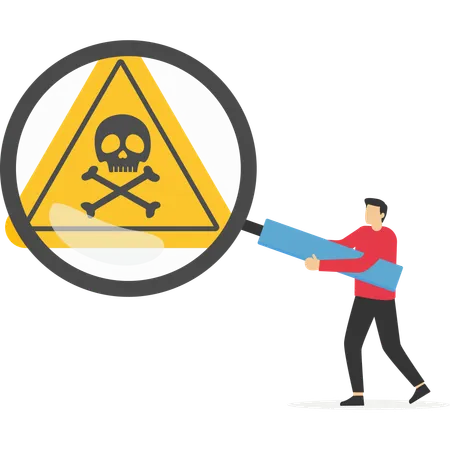 Man Analyst using magnifying glass to analyze danger sign  Illustration