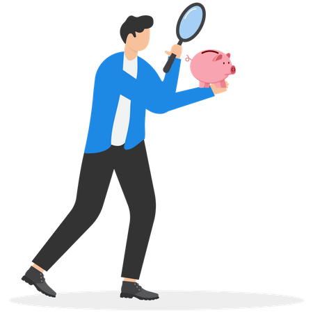 Man analysze piggy savings  Illustration