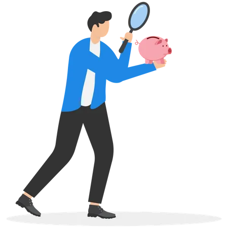 Man analysze piggy savings  Illustration
