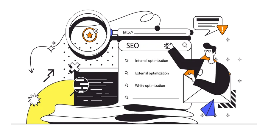 Seo Optimization Web Concept In Flat Outline Design With Character Man Settings Searching And Analyzes Data Promotes And Changes Position Of Site In Ranking People Scene Vector Illustration Illustration