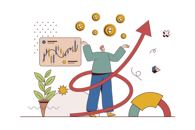Crypto Investment Concept With Character Situation In Flat Design Man Analyzes Data From Online Exchanges And Investing In Cryptocurrency For Profit Vector Illustration With People Scene For Web Illustration