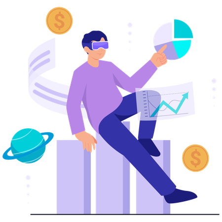 メタバースにおける金融成長を分析する男  イラスト
