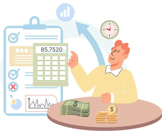 Man analyzes financial statistics and creates invest strategy  Illustration