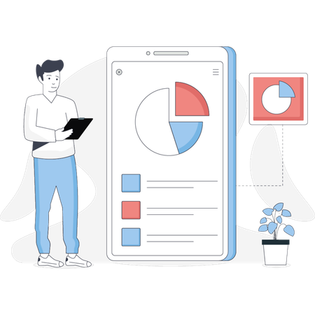 Man analyzing a pie chart on a tablet focused on the data displayed on the screen  Illustration