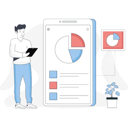 Man analyzing a pie chart on a tablet focused on the data displayed on the screen  Illustration