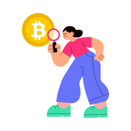 Man analyzing Bitcoin with magnifying glass  Illustration