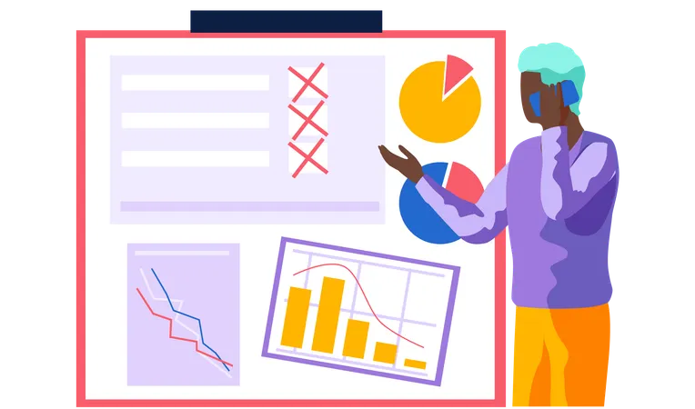 Man analyzing business pie chart on poster  Illustration