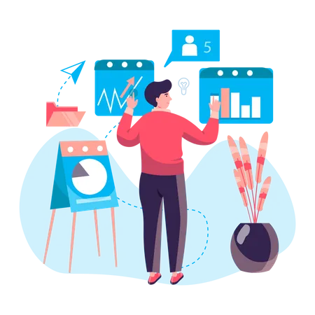 Business Process Concept Man Analyzes Data And Company Statistics Makes Presentation With Report Accounting And Consulting Character Scene Vector Illustration In Flat Design With People Activities Illustration