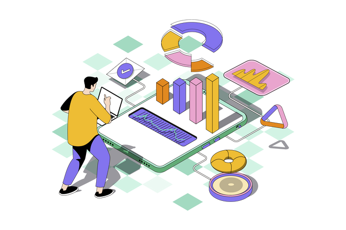 Man analyzing data in graphs  Illustration