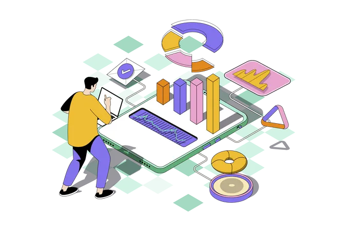 Man analyzing data in graphs  Illustration