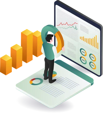 Man analyzing data on tablet  Illustration