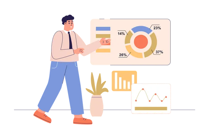 Business Statistic Web Concept With People Scene Man Analyzing Data At Charts And Diagrams At Presentation Board Making Financial Report Character Situation In Flat Design Vector Illustration Illustration