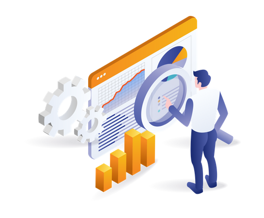 Man analyzing data with magnifying glass  Illustration