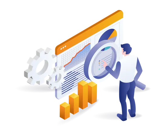 Man analyzing data with magnifying glass  Illustration