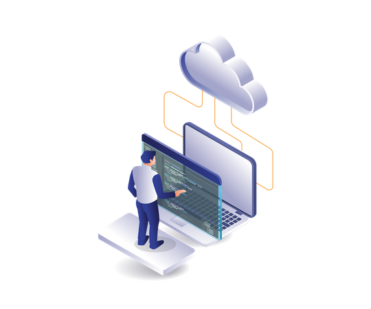 Man analyzing language data of cloud server hosting program  Illustration