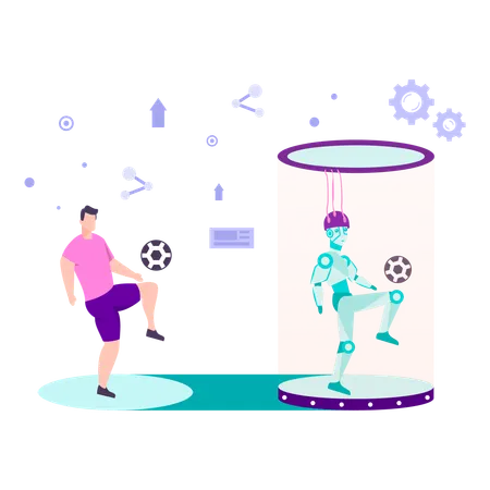 Man and a robot are playing football  Illustration