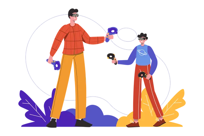 Man and boy wearing VR headset and play games Illustration