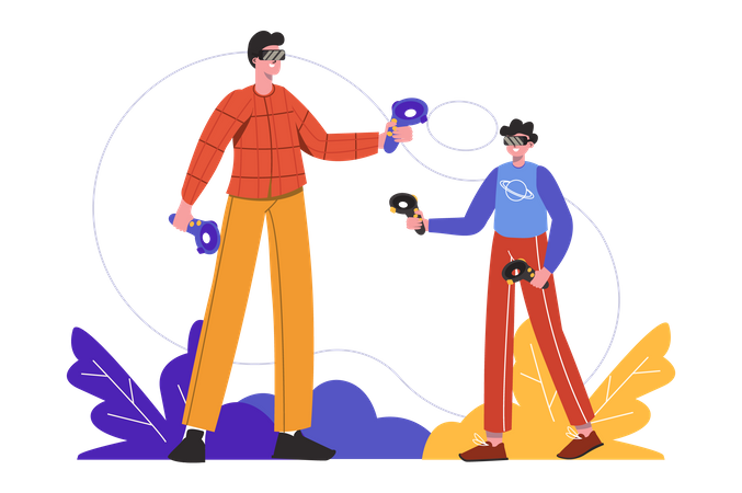 Man and boy wearing VR headset and play games  Illustration