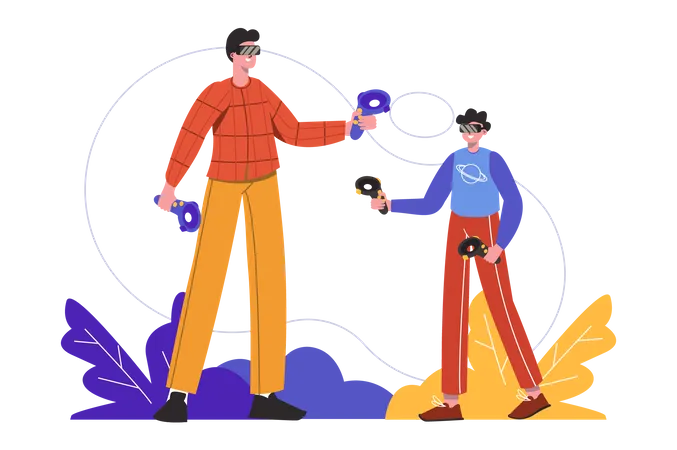 Man and boy wearing VR headset and play games  Illustration