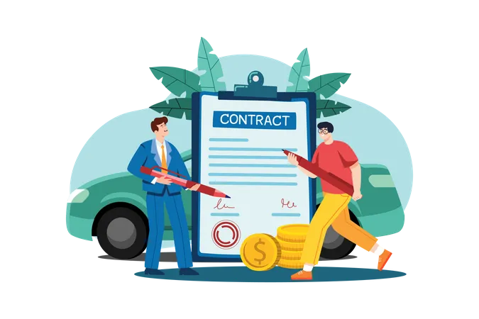 Man and car showroom manager signing contract Illustration