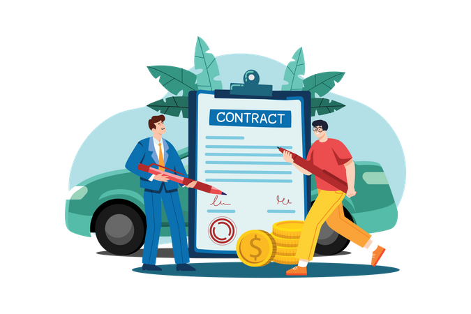 Man and car showroom manager signing contract  Illustration