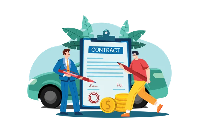 Man and car showroom manager signing contract  Illustration