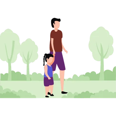 Man and child walking in forest  Illustration