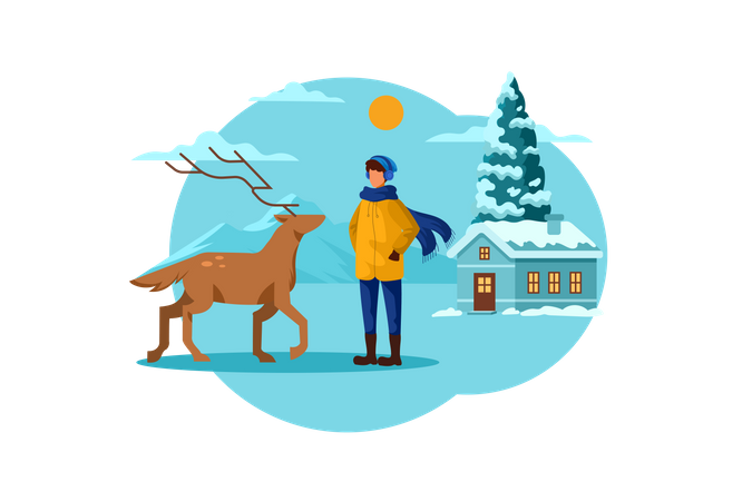 Man and deer in winter Illustration