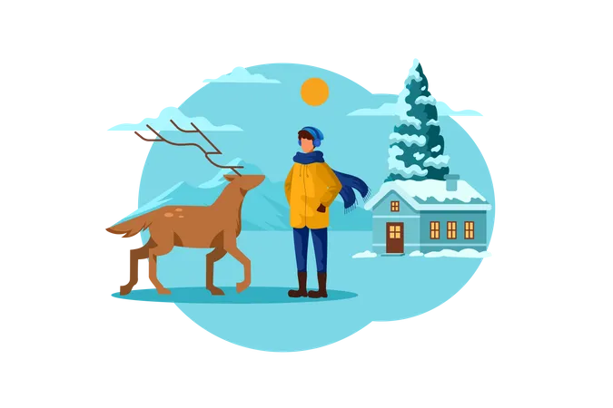 Man and deer in winter  Illustration
