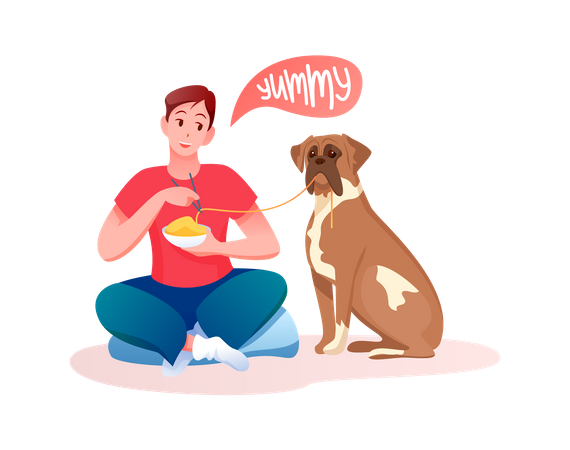 Man and dog eating food  Illustration