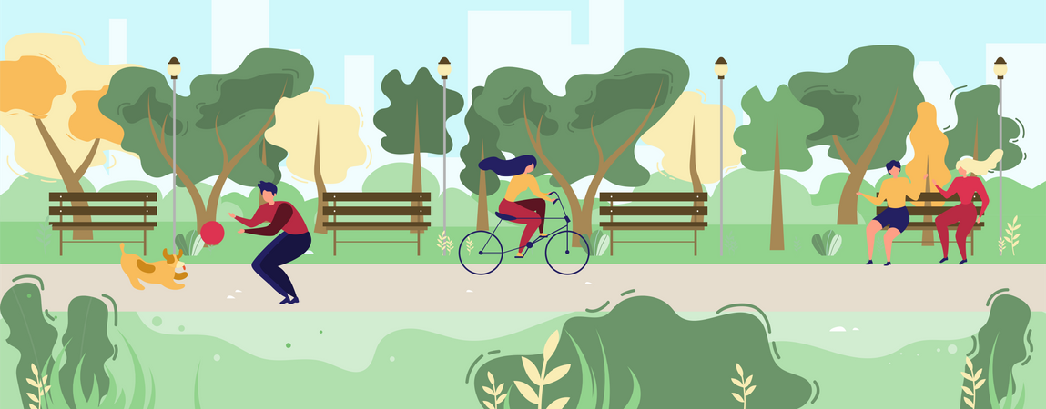 Man and Dog Playing with Ball, Woman Riding Bicycle  Illustration