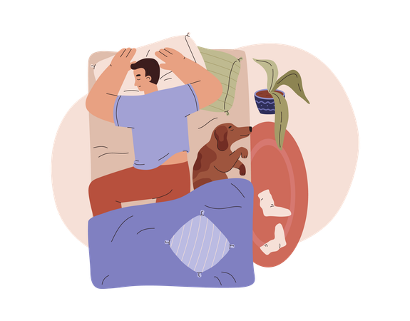 Man and dog sleep in same bed  Illustration