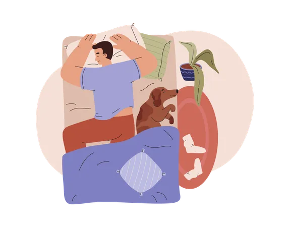 Man and dog sleep in same bed  Illustration