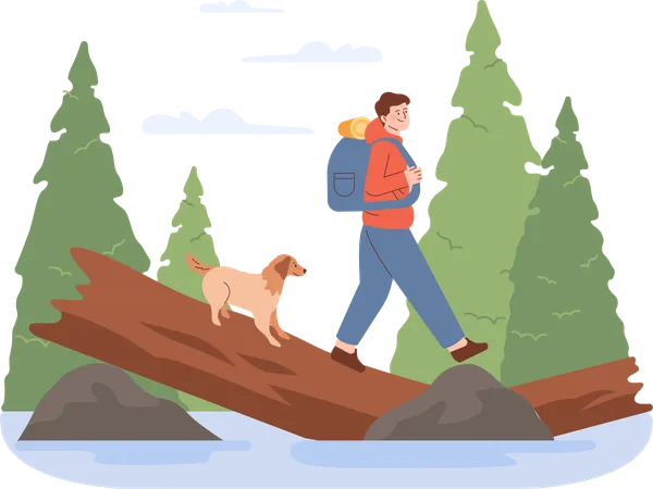 Man and dog walking on tree root  Illustration