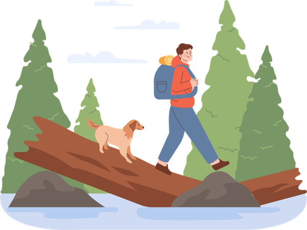 Man and dog walking on tree root  Illustration