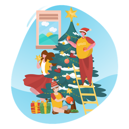 Family decorating Christmas Tree Illustration