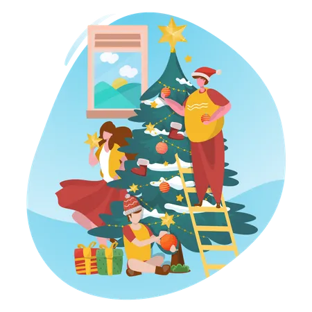 Family decorating Christmas Tree  Illustration