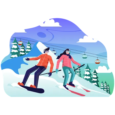 Man and female Skiing in snow Illustration