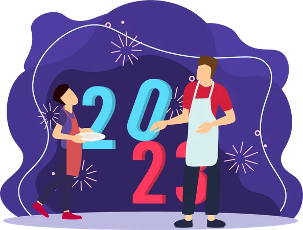 Man And Girl Cooking For New Year Party  Illustration