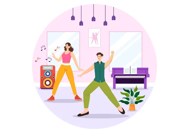 Dance Studio Vector Illustration With Dancing Couples Performing Accompanied By Music In Flat Cartoon Background Design Illustration