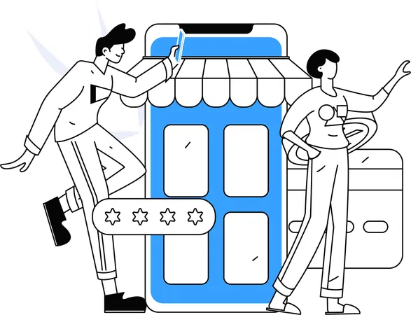 Man and girl doing mobile shopping while doing shopping payment  Illustration