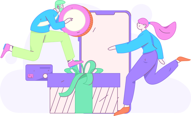 Man and girl doing online shopping  Illustration