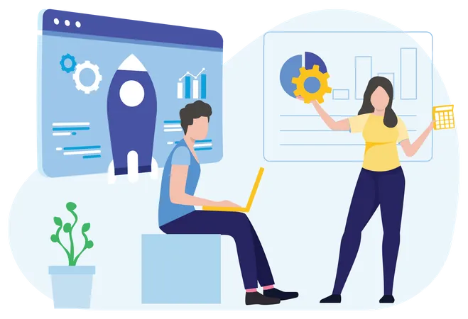 Man and girl doing Startup Management  Illustration