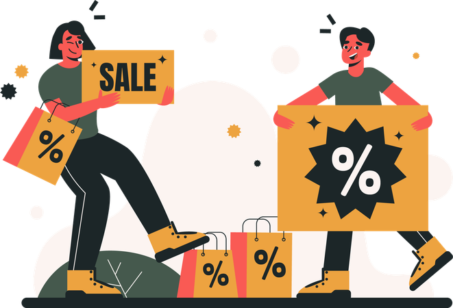 Man and girl holding sale banner  Illustration