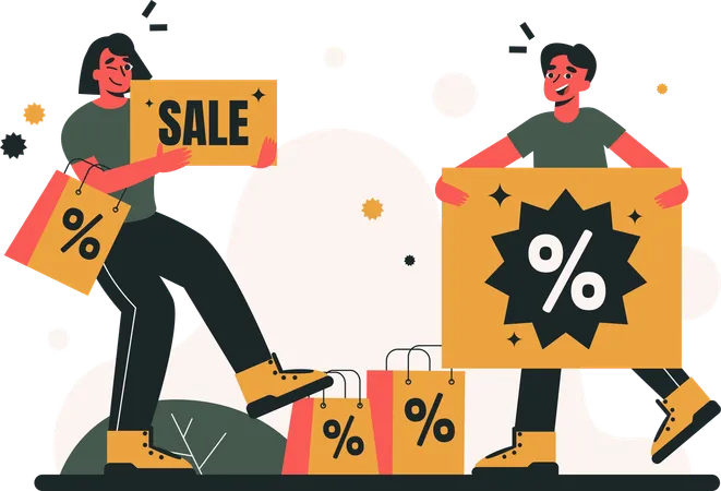 Man and girl holding sale banner  Illustration