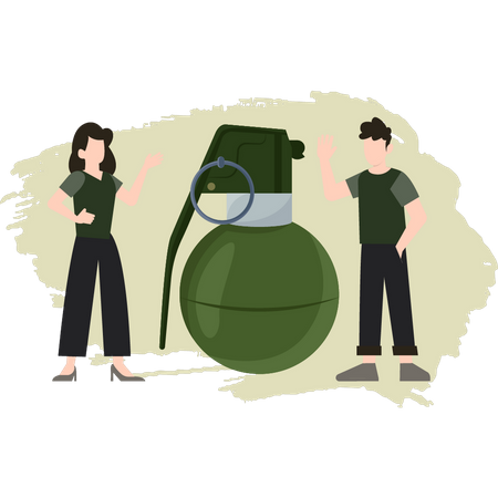 Man And Girl Looking At Grenade  Illustration